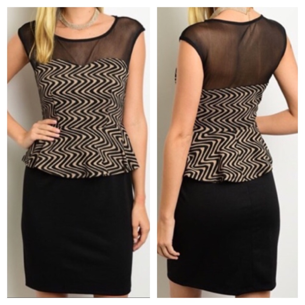 EN FOCUS STUDIO black & tan peplum dress w/ mesh - Picture 4 of 6